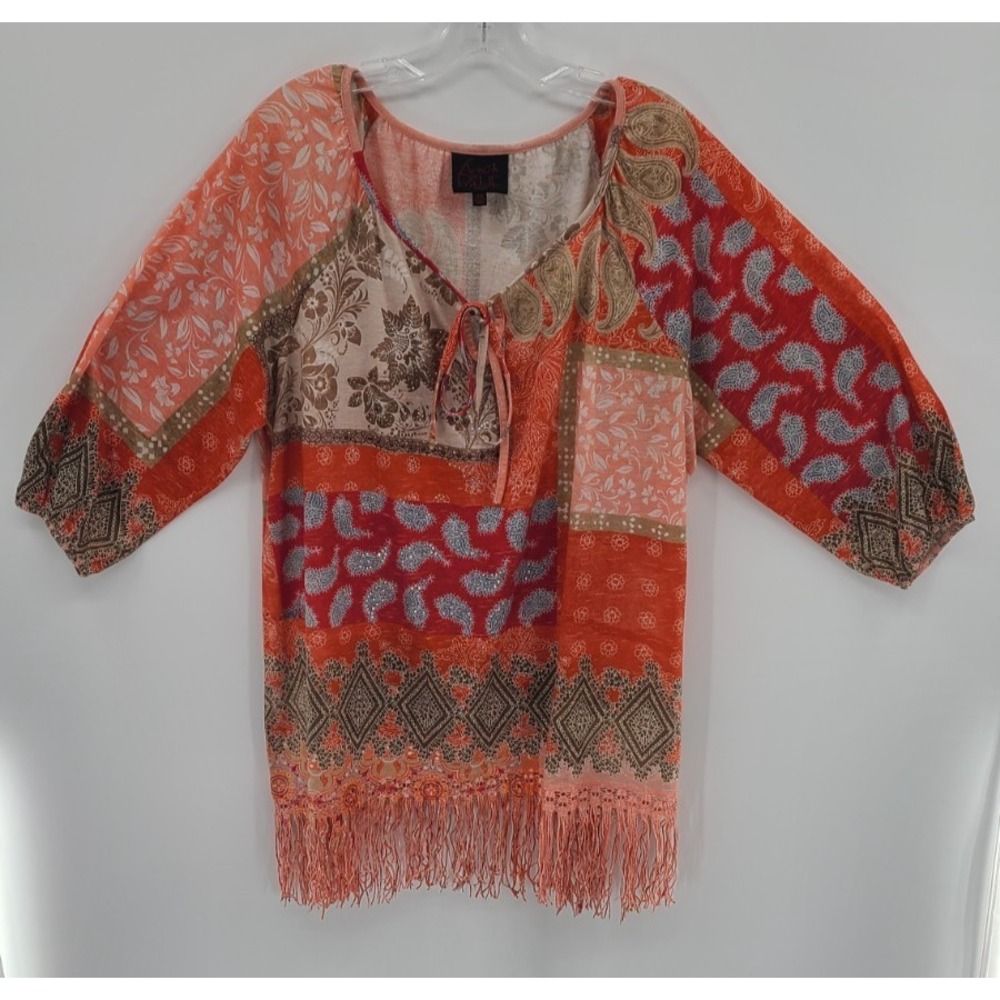 Patchwork Western Bohemian Women Tunic Top 2X  Fringe Crochet Festive Floral